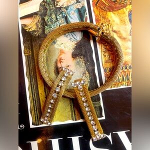 Vintage Goldtone Mesh Metal and Rhinestones Bracelet and Drop Earrings Set